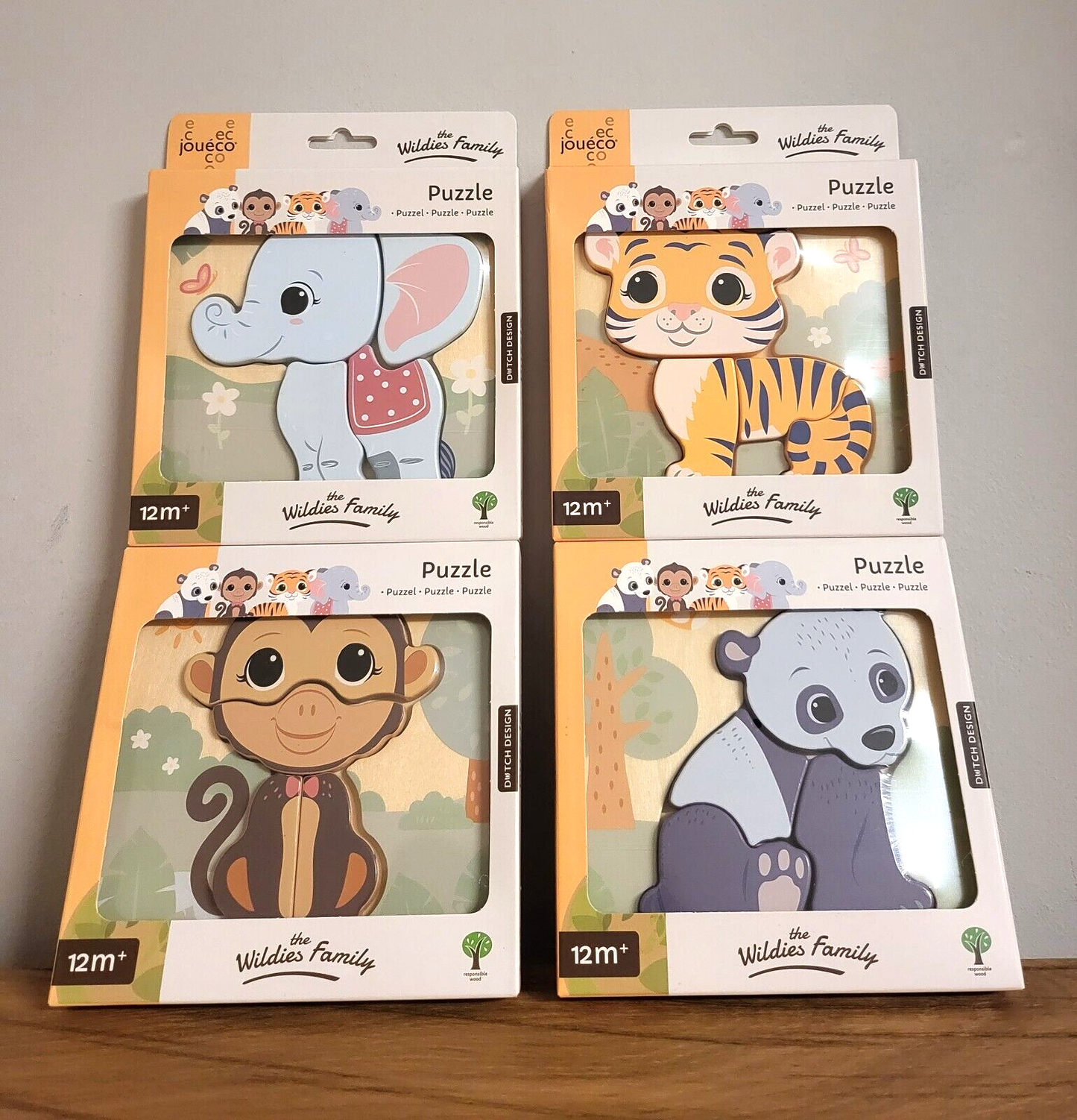 Baby Puzzle aus Holz Joueco Tiere Tiger / Panda / Elefant/ Affe 4f sort.