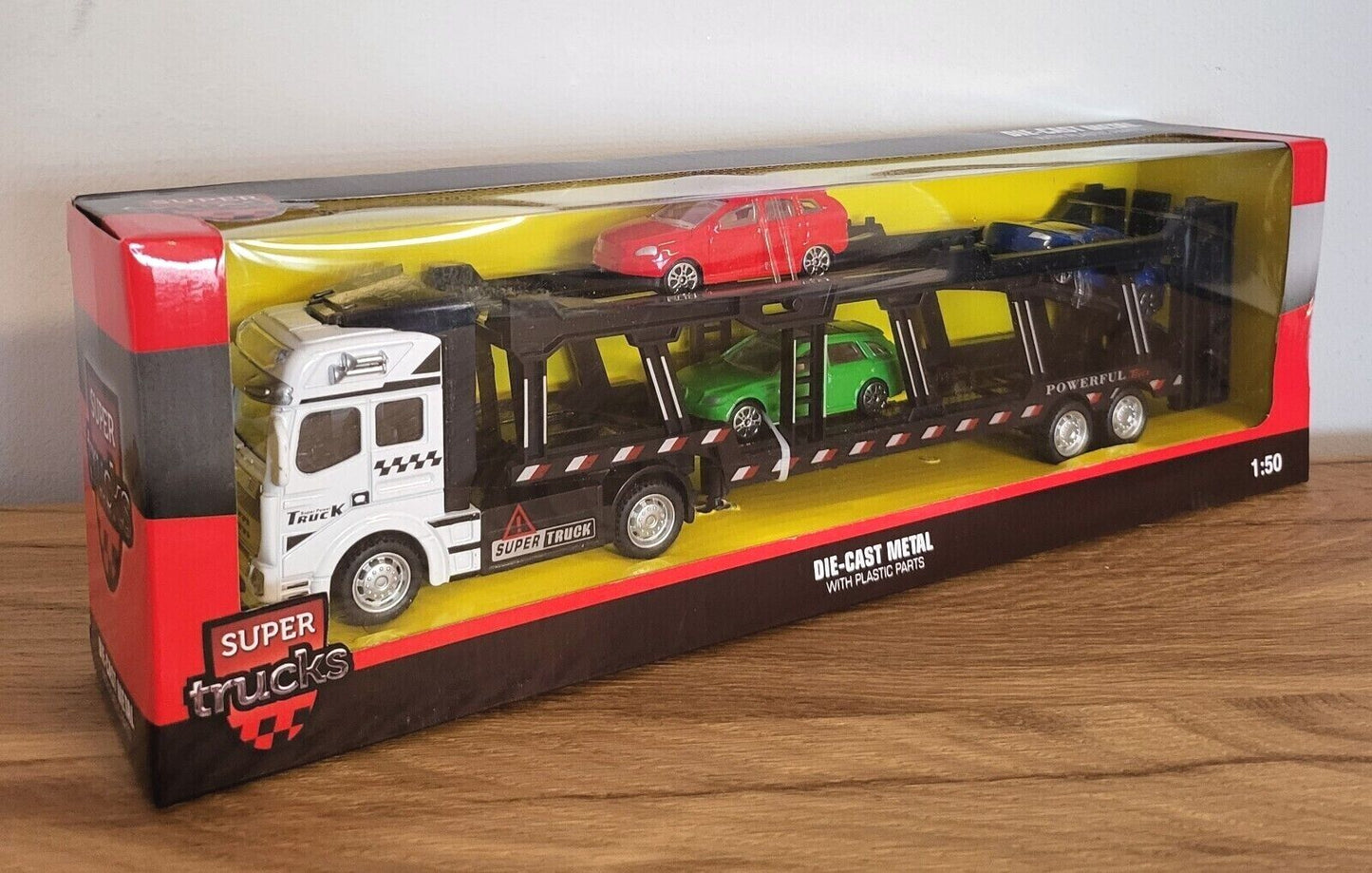 Auto Transporter LKW Super Cars + drei Spielzeugauto PKW Metall Kinder Geschenkbox