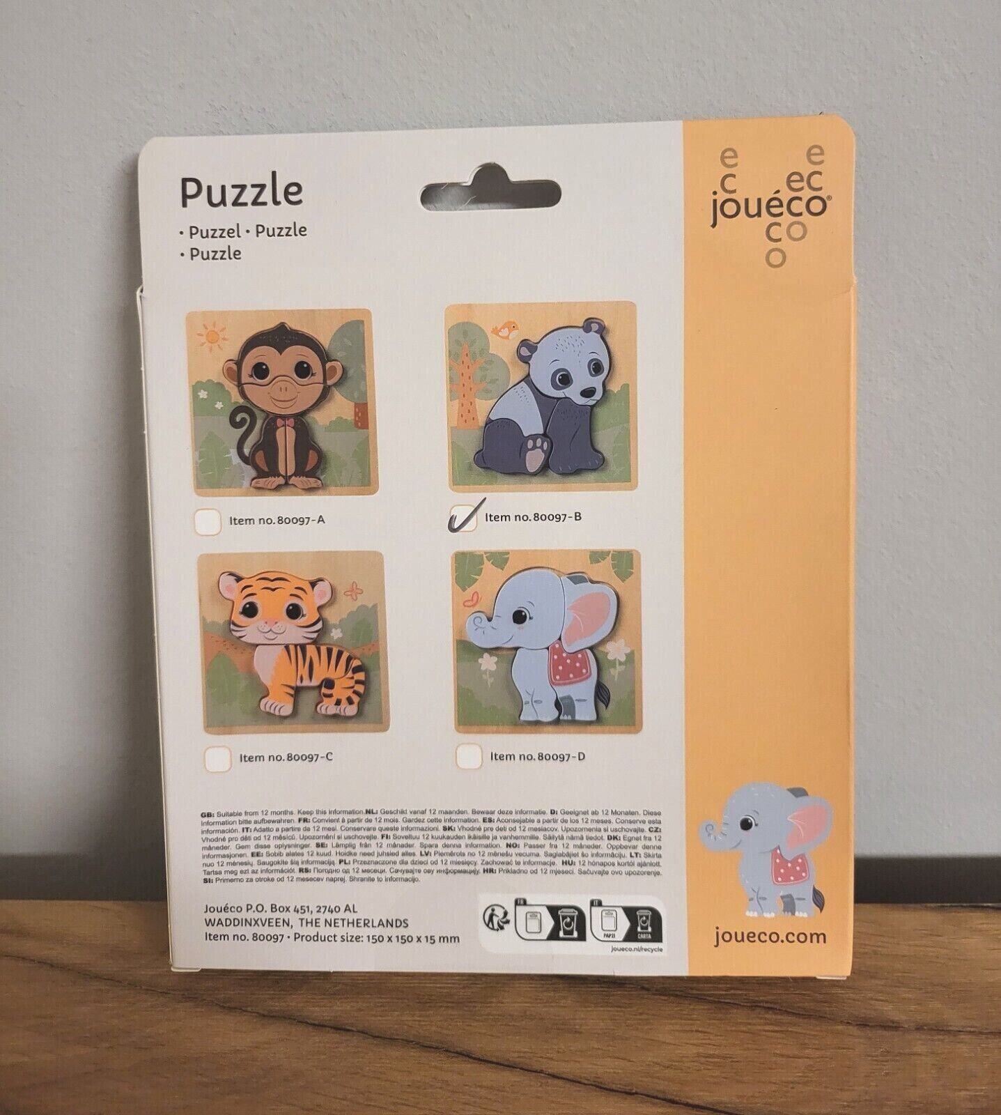 Baby Puzzle aus Holz Joueco Tiere Tiger / Panda / Elefant/ Affe 4f sort.