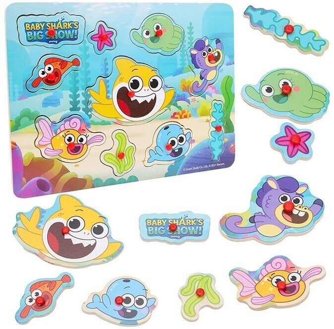 Baby Shark Steckpuzzle 10 Teile Holz Kinder Spielzeug Kleinkinder Steckspiel Babyhai ab 18 Monaten NEU