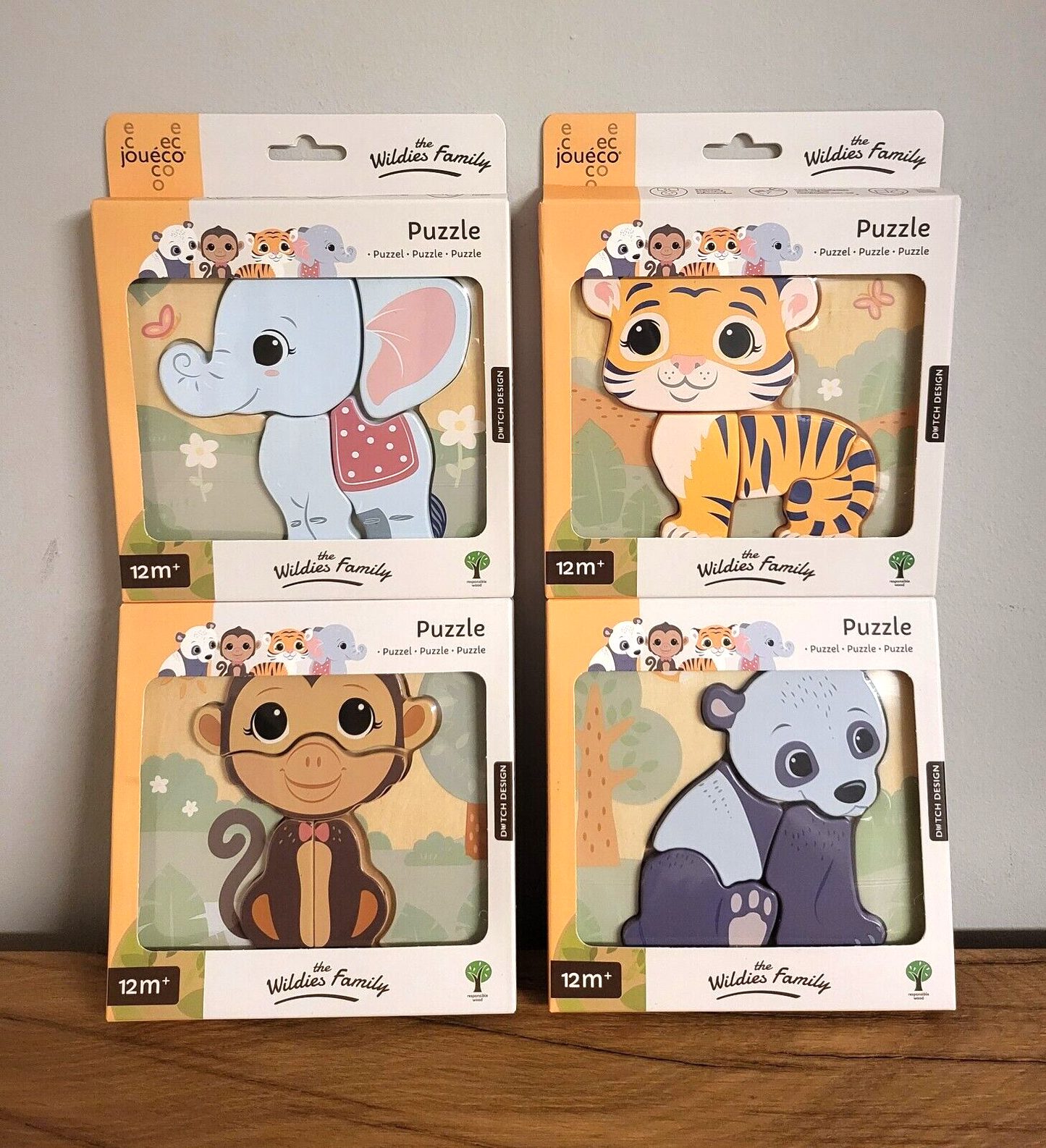 Baby Puzzle aus Holz Joueco Tiere Tiger / Panda / Elefant/ Affe 4f sort.