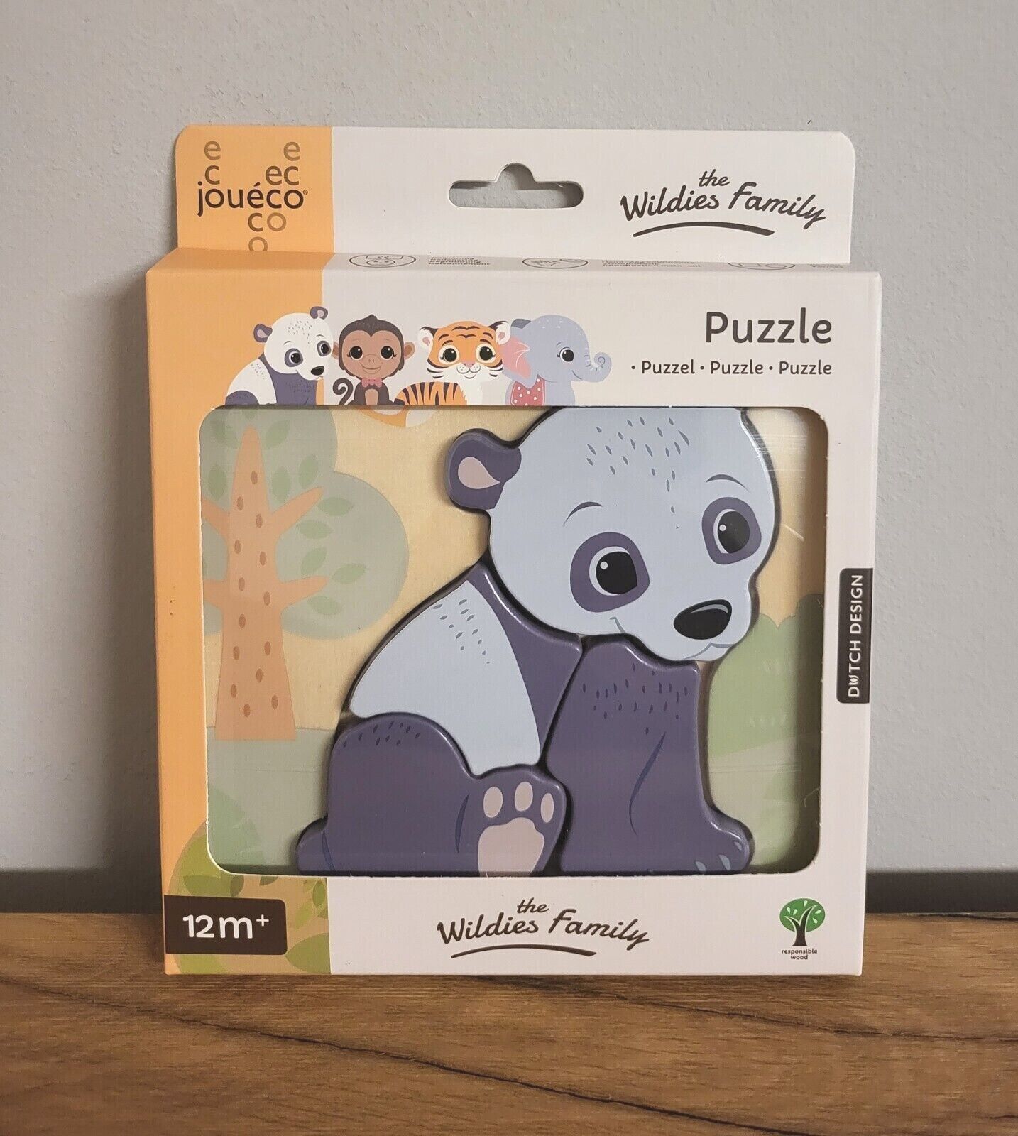 Baby Puzzle aus Holz Joueco Tiere Tiger / Panda / Elefant/ Affe 4f sort.