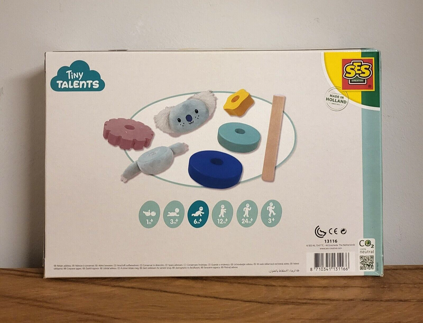SES Creative Stapelturm Sensorisch Motoriktrainer Holzspielzeug ab 6 Monaten Tiny Talents