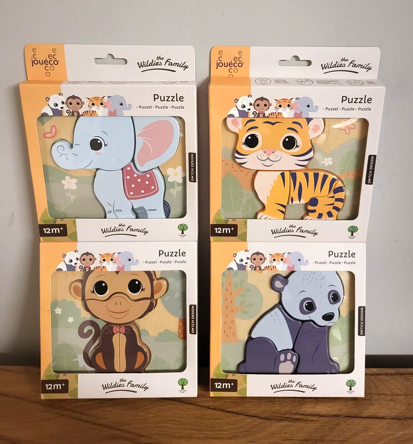 Baby Puzzle aus Holz Joueco Tiere Tiger / Panda / Elefant/ Affe 4f sort.