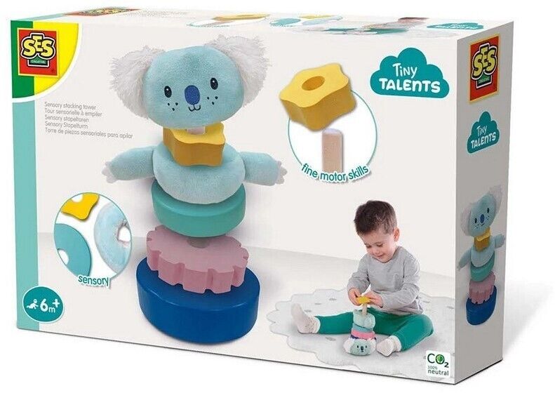 SES Creative Stapelturm Sensorisch Motoriktrainer Holzspielzeug ab 6 Monaten Tiny Talents