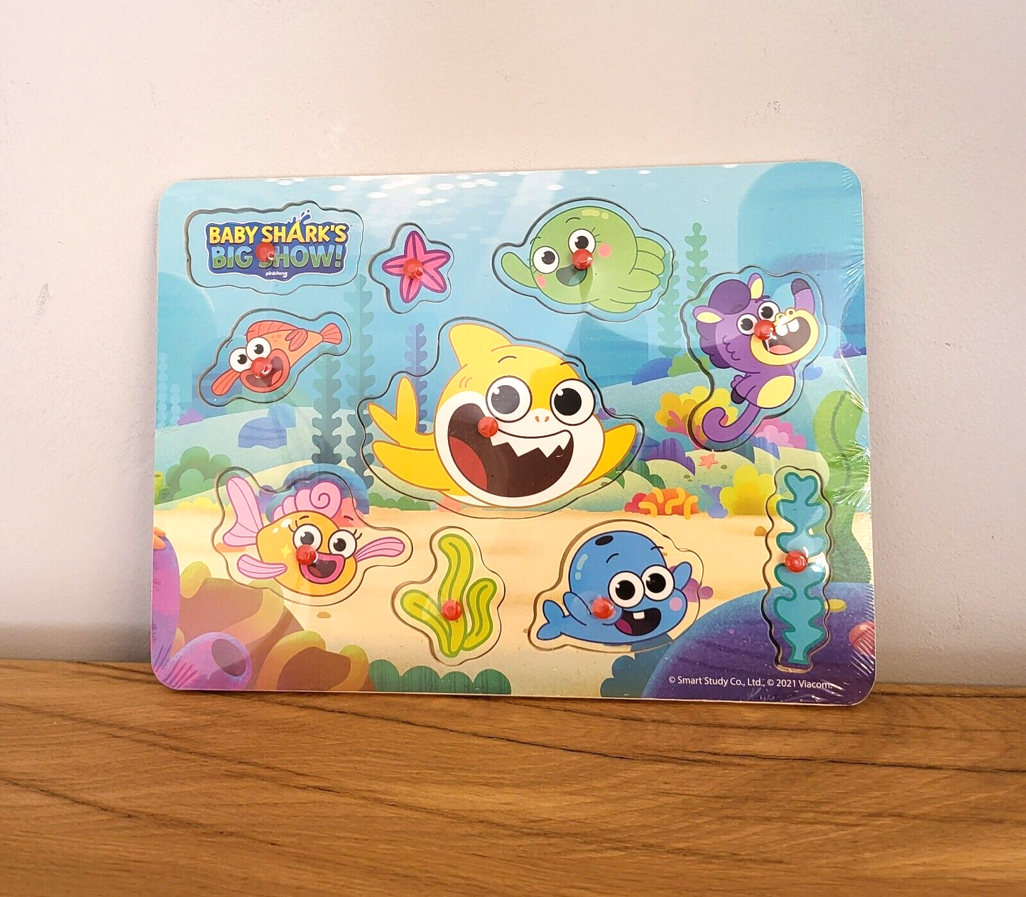 Baby Shark Steckpuzzle 10 Teile Holz Kinder Spielzeug Kleinkinder Steckspiel Babyhai ab 18 Monaten NEU