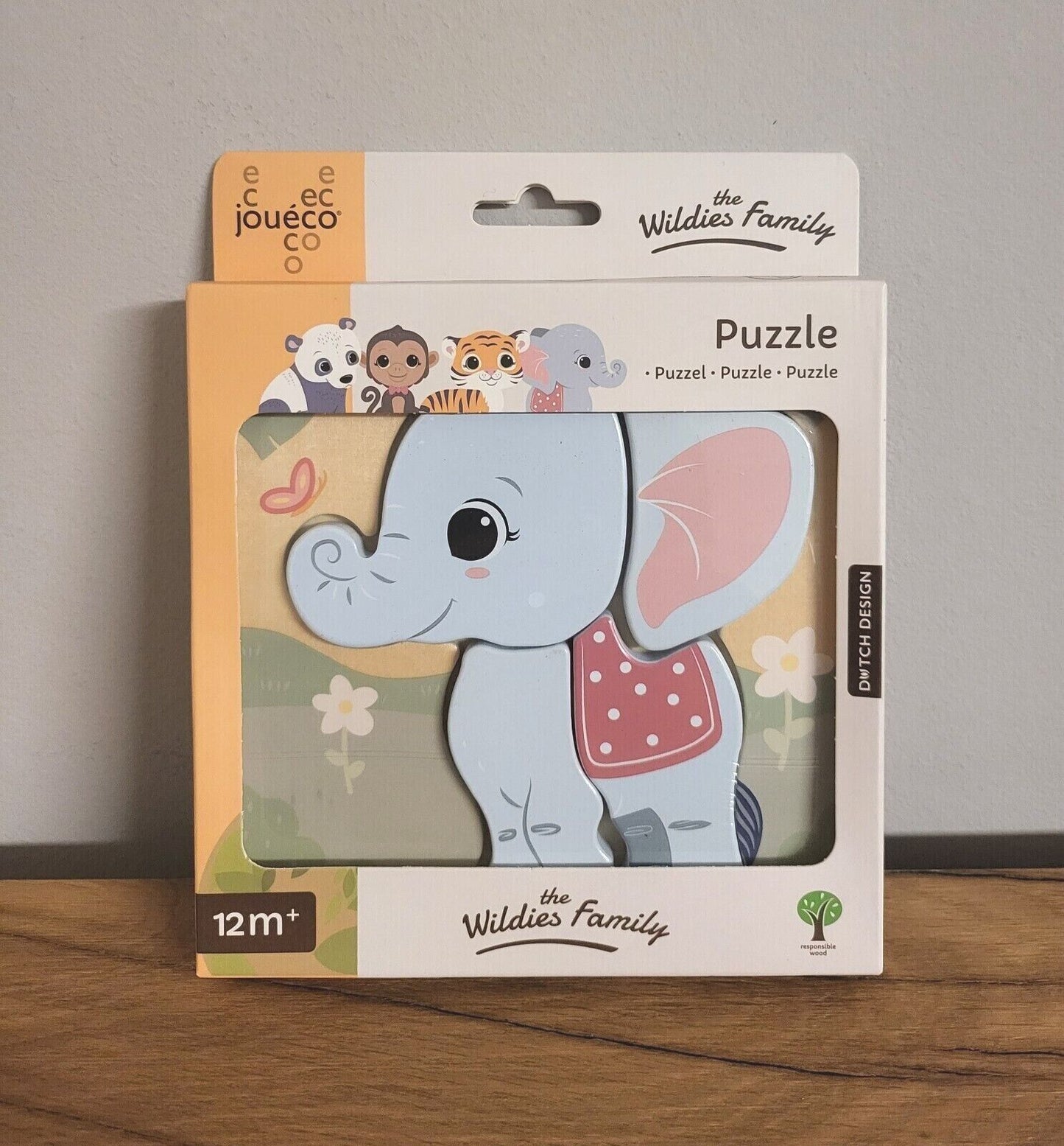 Baby Puzzle aus Holz Joueco Tiere Tiger / Panda / Elefant/ Affe 4f sort.