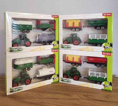 Traktor mit drei Anhänger Spielzeugauto Kinder Geschenkbox Bau Garten Fahrzeug ca. 14x21cm sortiert