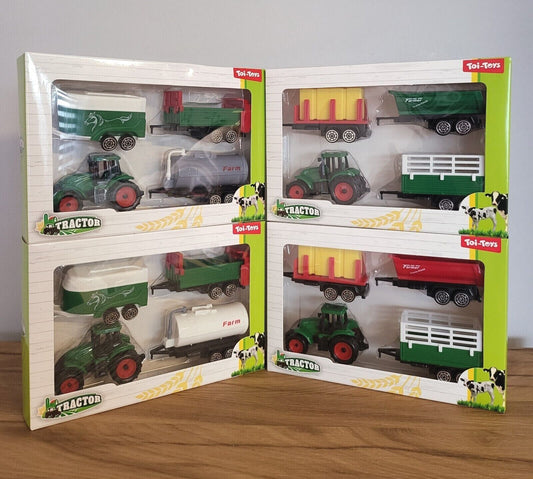 Traktor mit drei Anhänger Spielzeugauto Kinder Geschenkbox Bau Garten Fahrzeug ca. 14x21cm sortiert