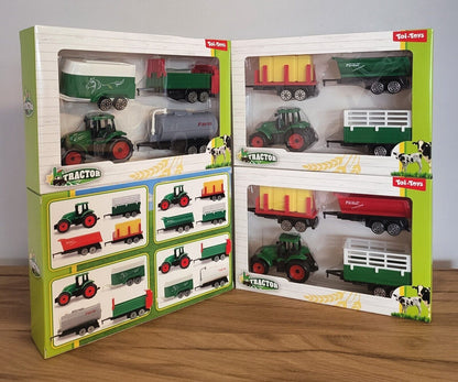 Traktor mit drei Anhänger Spielzeugauto Kinder Geschenkbox Bau Garten Fahrzeug ca. 14x21cm sortiert