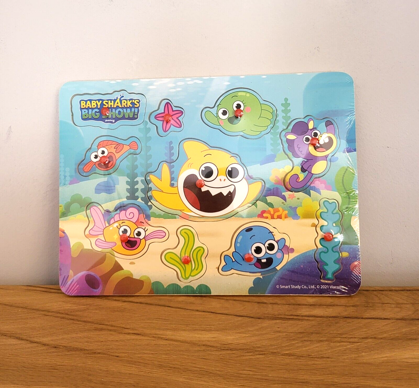 Baby Shark Steckpuzzle 10 Teile Holz Kinder Spielzeug Kleinkinder Steckspiel Babyhai ab 18 Monaten NEU